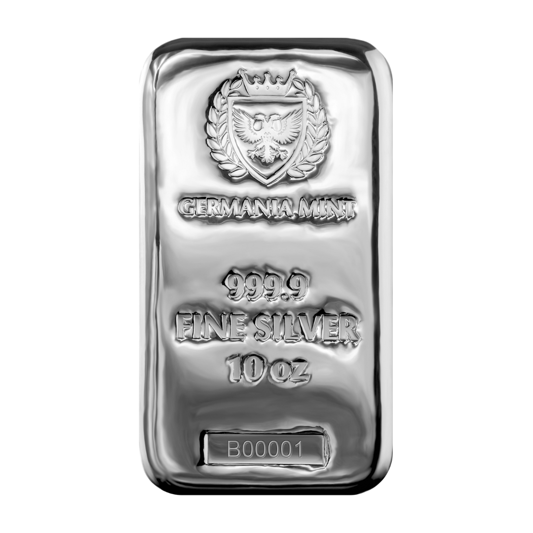 10 oz Silver Cast Bar Germania Mint | Premium Investment Silver