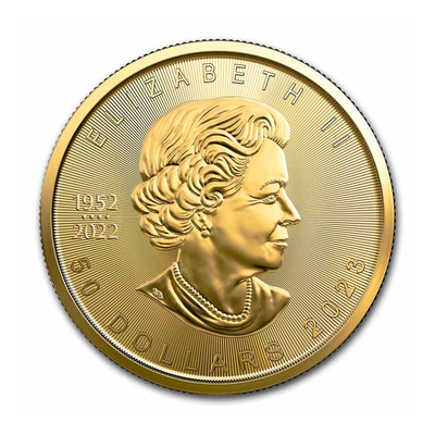 1 oz gold canadian maple leaf 2013-2023 coin 9999 with the dna etching. Frontal side with queen elizabeth