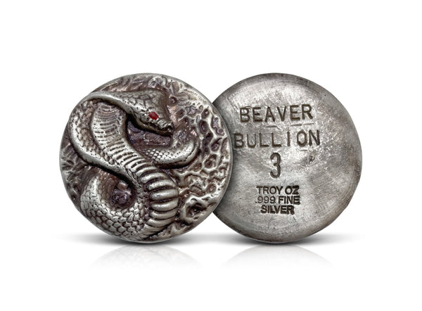 3 oz Silver Round Hand Poured Beaver Bullion Cobra with Enamel Eye .999