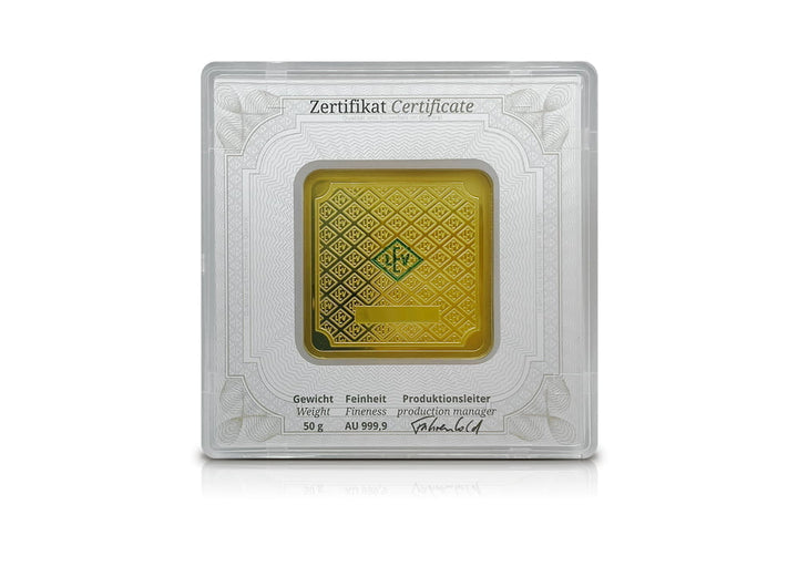 50 g Gold Geiger Square Bar (New w/ Assay)