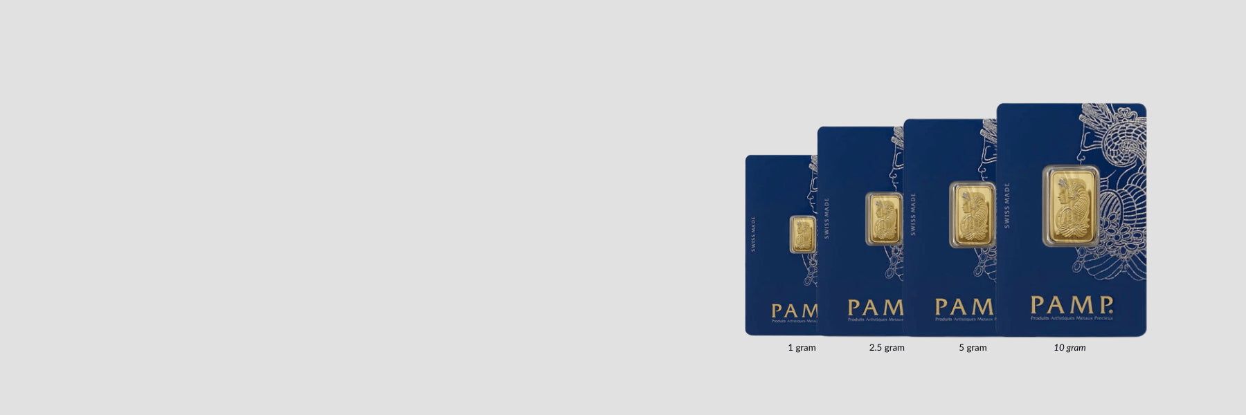 Four gold bars in blue PAMP packaging on a light gray background